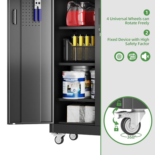 Aobabo Metal Garage Storage Cabinet with Wheels and Pegboards, Black - color: Black, size: 16"D x 32"W x 71"H