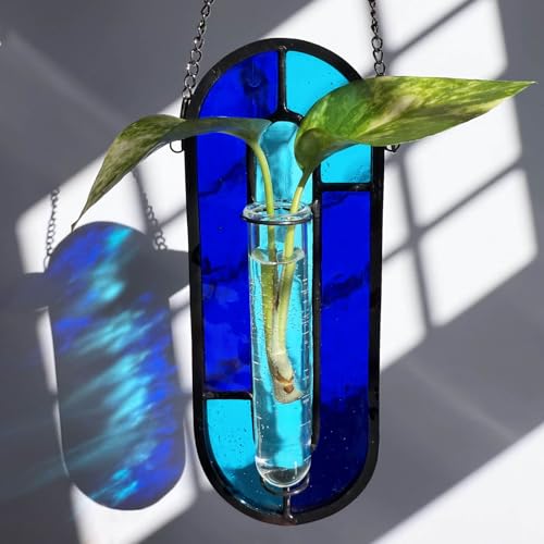 LITMIND Transparent Blue Stained Glass Propagation Station - Handcrafted Suncatcher Hanging Planter with 2 Glass Tubes, Multi-Color Hydroponic Wall Décor for Windows, Home & Garden - color: Style C08 (Blue Ripple)