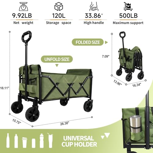 Foldable Wagon Cart, Utility Wagon with All Terrain Wheels - color: Green, size: Medium without Tailgate