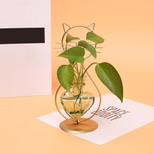 Plant Terrarium Propagation Station Gifts for Women Cat Lover - color: Gold Green