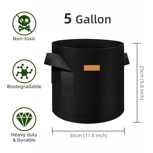 12-Pack 5 Gallon Plant Grow Bags, Thickened Nonwoven Fabric Pots with Handles, Vegetable Planter Bags Containers, Cloth Planters for Garden Vegetable/Flower/Plant/Fruits Outdoor (Black) - color: Black, size: 5 Gallon