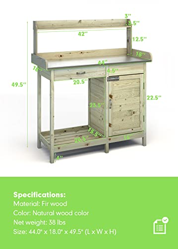 ARNOT Outdoor Potting Bench with Stainless Steel Tabletop, Wooden Garden Workstation with Storage Shelves for Planting, Repotting and Gardening Tools, Natural Fir Wood, 44" x 18" x 49.5"