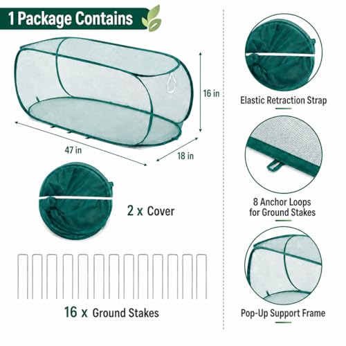 2PCS Pop Up Garden Plant Covers 47" x 18" x 16"-Collapsible Mesh Plant Covers with 30% Sunblock Shade Cloth for Raised Garden Beds, Outdoor Plant Cover Against Birds, Rabbits & Squirrels - size: 2 Pack