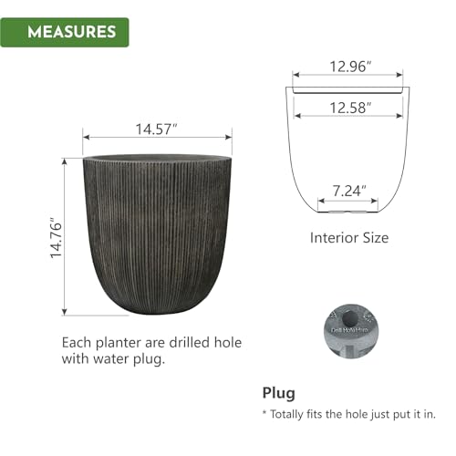 14.8" H Tapered Ribbed Large Plastic Planter with Drainage Hole & Plug - color: Vintage Black, size: 14.8in