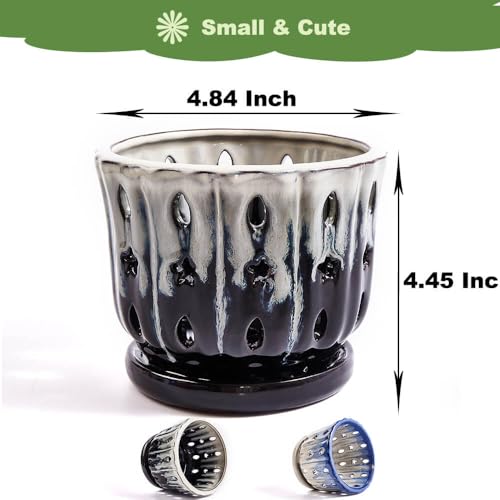 Orchid Pots with Holes Attached Saucers 5 Inches - 2 Pcs Small Ceramic Pots for Repotting, Decorative Ceramic Orchid Planter with Hole for Healthy Root Growth Mixed Color - color: Blue Over White and White Over Black