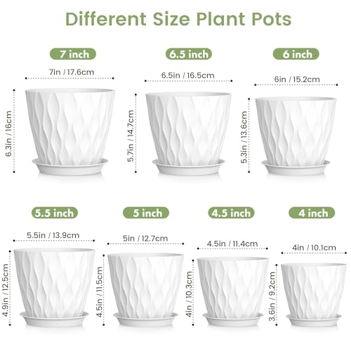 Meowell 7/6.5/6/5.5/5/4.5/4 inch Plant Pots for Indoor Outdoor Plants, 7 Pack Thick Flower Pots with Drainage Holes and Saucers, Modern Wave Texture Plastic Planter Pots for Nursery, Succulent, White - color: White, size: 7+6.5+6+5.5+5+4.5+4 inch 7 pieces