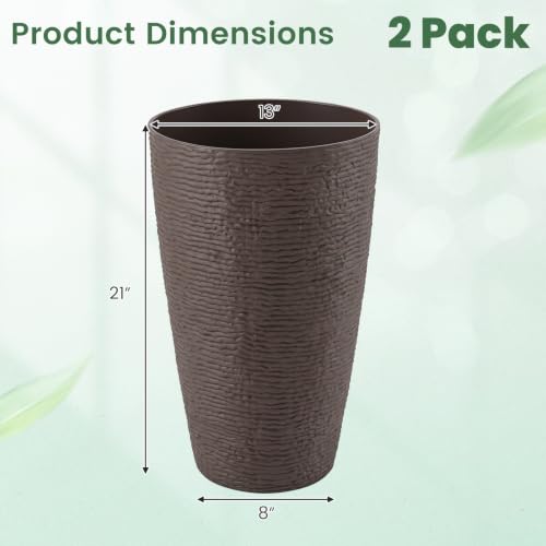Giantex 21” Tall Round Plastic Planters Set of 2 with Drainage System - color: Brown, size: 13"x13"x21"