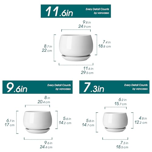 vancasso 3-Pack Ceramic Plant Pots, 7.3/9.6/11.6 Inch Indoor Planters with Saucers & Drainage Hole Planter pots for Indoor Plants and Flower, White - color: White, size: Large-3pcs/Set