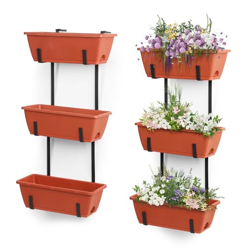 OYEAL Hanging Flower Pots for Railing Fence Outdoor Window Boxes Planter with Adjustable Hooks, Set of 2 Deck Rail Planters with 6 Detachable Plastic Planter Boxes, Drainage Holes, Brick Red - color: Brick Red