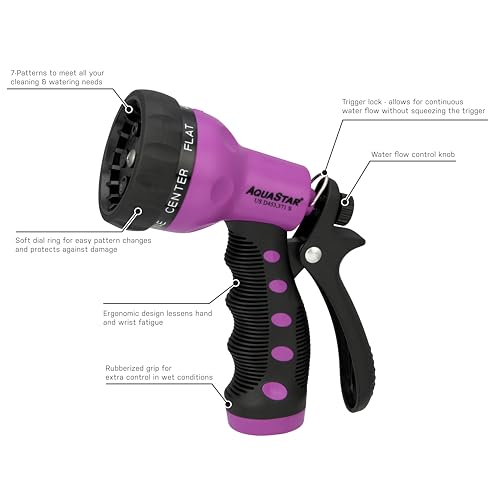 AQUASTAR by Eden AS73375 Rear-Trigger 7-Pattern Hose Nozzle (Purple) | Impact-Resistant ABS, Ergonomic Grip, Adjustable Spray Patterns for Lawn & Garden, Vibrant Colors - color: Purple