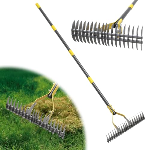 Thatch Rake,69 Inch Garden Thatching Rake for Grass Removal, 15 Inch Wide Heavy Duty 19 Teeth Steel Metal Garden Leaf Rakes,Landscaping Raking Garden Tools for Lawn Care Loosening Leveling Soil Mulch - style: Black-69"