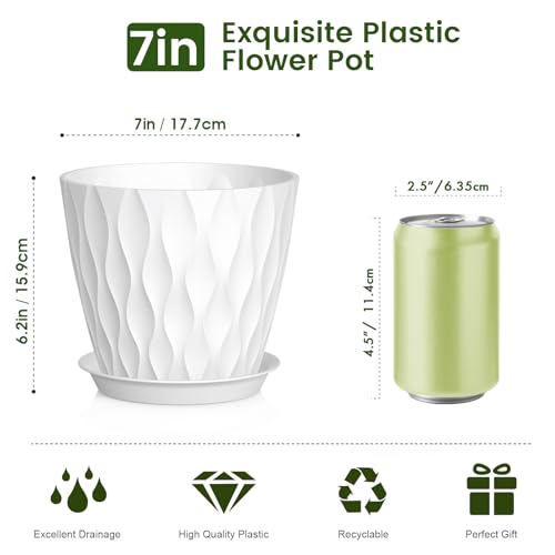 Meowell 7 inch Plant Pots for Indoor Outdoor Plants, 5 Pack Thick Nursery Pots with Drainage Holes and Saucers, 3D Modern Wave Texture Plastic Planter Pots for Flowers and House Plants, White - color: White, size: 7 inch 5 pieces