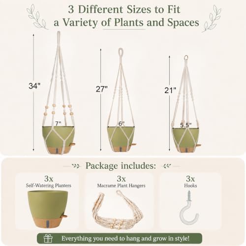 Bouqlife 3 Pack Hanging Planters for Indoor Plants Macrame Plant Hangers with Self Watering Flower Pots, 3 Different Size (Sage Green, Medium) - color: Sage Green, size: Medium