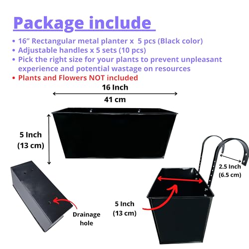 LaLaGreen Hanging Rail Planter (16 in, 5 Pack) Black Metal Deck Fence Pots