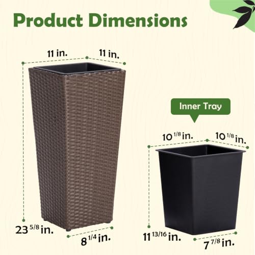 IDZO Wicker Planters, 24-Inch Tall Square Rattan Flower Pots, Mocha, 2PCS - color: Mocha Square, style: No Assembly Required