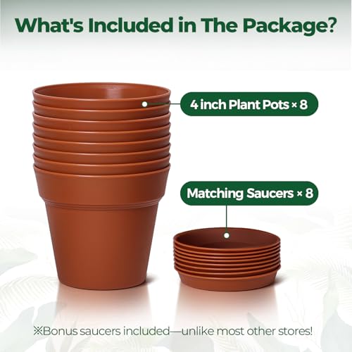 T4U Small Plant Pots 4 Inch 8 Pack, Plastic Indoor Flower Pots Saucer - color: Terracotta, size: 4 inch