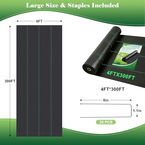 FEED GARDEN 4FT x 300FT Landscape Fabric Weed Barrier Fabric, Heavy Duty 3.2oz Weed Control Mat, Weed Blocker Ground Cover Geotextile Fabric for Gardening, with 20 U-Shaped Stakes - size: 4FTx300FT