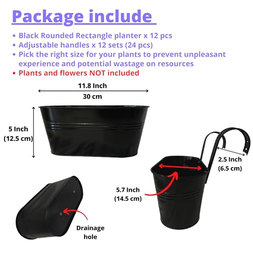 LaLaGreen Rail Planter Outdoor Plants(11.8 Inch, 12 Pack) Black Metal Iron Hanging Flower Pots Deck Railings Fence Buckets Modern Countryside Boho Style Wall Mount Window Box Plant Holder Porch Decor - size: 11.8" (30 cm) x 12 Pack