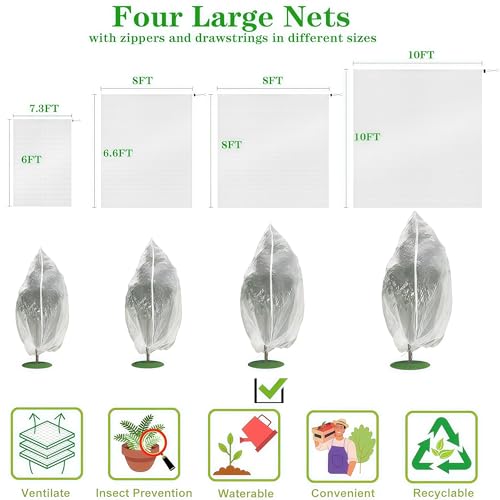 Drawstring & Zipper Fruit Tree Netting Cover - (4 Pack 8×6.6FT) - Reusable Bird Netting for Blueberry Bushes, Anti-Cicada/Deer/Squirrel Large Plant Protection Net - size: 8×6.6 ft