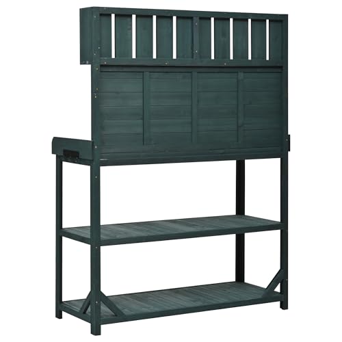 Outdoor Potting Bench Table with Storage, Farmhouse Wood Garden Tables with Storage Shelves and Side Hooks, Potting Tables for Outside, Patio, Backyard, Easy Assembly, Dark Green - size: 65'' Dark Green