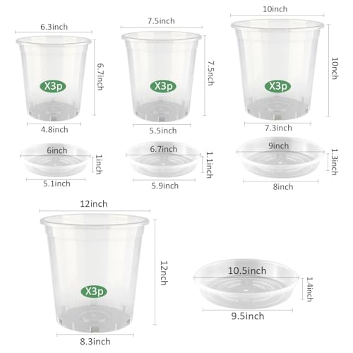 BTPLASTIK 0.5/1/2.5/3.5 Gallon Clear Nursery Pots with Saucers 4 Size Set 12P, Round Plastic Plant Pots with Drainage Holes - size: 0.5/1/2.5/3.5 Gallon + Saucers 12P