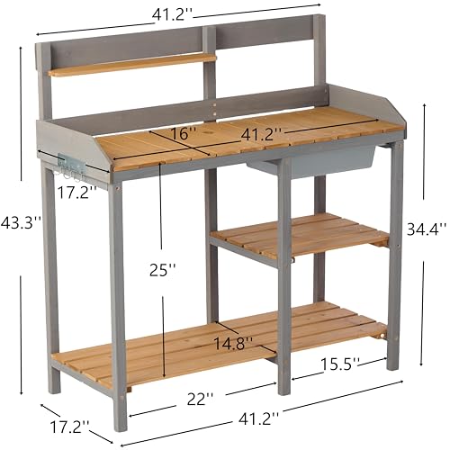 Outdoor Potting Bench, Garden Table for Planting, Potting Station with Shelves, Outdoor Workbench for Garden, Patio, Deck - color: Brown+gray-1