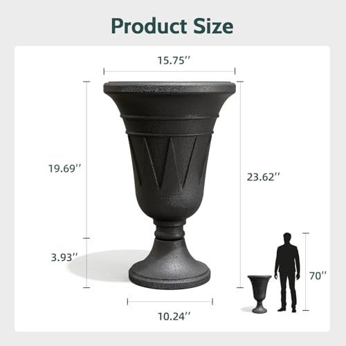 Tall Plastic Urn Planters and Pedestal - 24" Outdoor Planter Black - color: Black-trophy