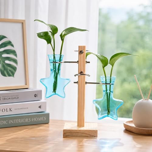 Nacome Plant Terrarium Propagation Stations: Blue Vase with Wooden Stand - color: Blue