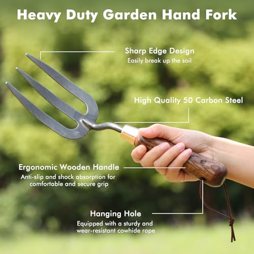 RESTMO Garden Hand Fork, Weeding, Planting, Cultivating, Brown - size: Gardening Hand Fork