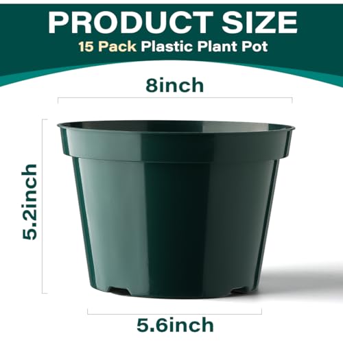 BTPLASTIK 8 Inch Plastic Plant Pots, 15 Pack Sturdy Nursery Pots with Drainage Holes, Flower Planter Pots for Indoor Outdoor, Garden Containers Sets for Vegetable Herbs Flowers, Green - color: Green, size: 8 Inch-15P