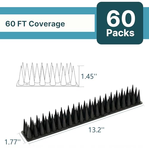 Bird & Animal Deterrent Spikes, 60 Packs Outdoor Plastic Spike Strips for Roof, Ledges, Fence, Walls & Railing, Humane Squirrel, Raccoon & Pigeon Barrier, 60 FT Coverage, Black - color: Black, size: 60 FT Coverage