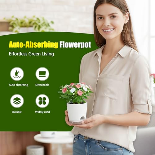 Plant Pots 5 Inch Self Watering Pots,6 Pack Plastic Planters with Drainage Holes and Clear Saucers,Plastic Flower Pots,Nursery Planting Pot for Indoor Out Door Plants (White) - color: White, size: 5 inch