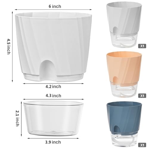 Self Watering Plant Pots 6 Inch, Indoor Planters with Wick Rope & Reservoir - color: White, Pink, Blue, size: 6 Inch Set of 3