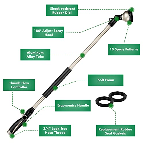 RESTMO 36' Long Watering Wand, Metal Garden Hose Wand with 180 Swivel Head, Heavy Duty, Aluminum & Zinc, 10 Watering Patterns, Thumb Control Sprayer