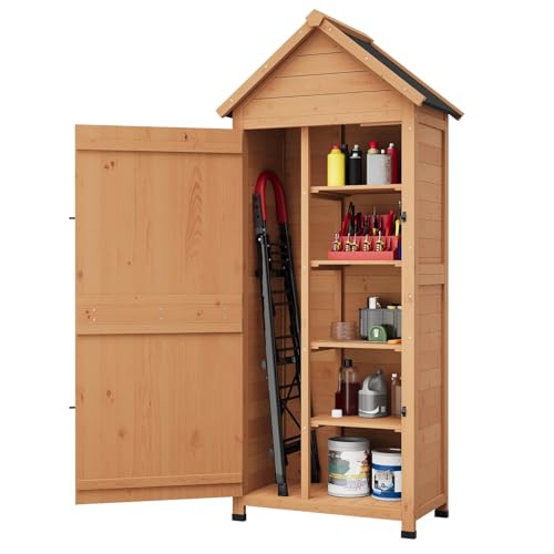 63In Outdoor Storage Shed, Wooden Waterproof Vertical Garden Cabinet with 3 Adjustable Shelves and Lockable Door, Roof Storage, Multi-Wall Weatherproof Design for Patio, Yard, & Lawn Tools - size: 63inch