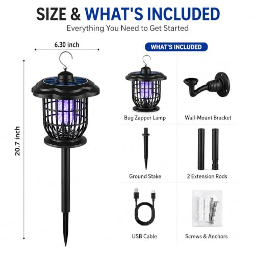 Rechargeable Outdoor Bug Zapper, 2000V Grid, Solar Panel, 365nm Light