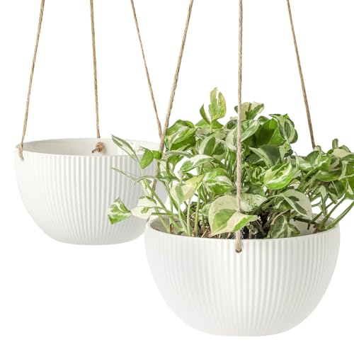 UBEE Ceramic Hanging Planters Indoor Outdoor, 7.5 Inch + 6.5 Inch Hanging Flower Pot for Plants Hanging Basket for Succulent Pothos Herbs Window Home Decor, 2 Pack, White