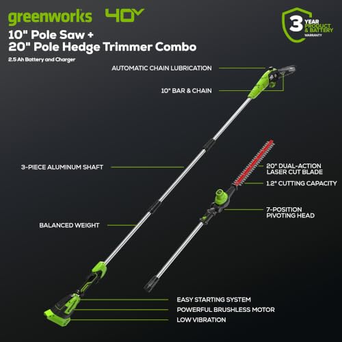 Bundle of Greenworks 40V 8-inch Cordless Pole Saw with Hedge Trimmer Attachment 2.0Ah Battery and Charger Included + Greenworks 40V 5.0Ah Lithium-Ion Battery