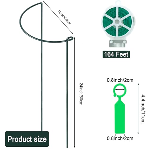 12 Pack 24 Inch Tall Plant Support Stakes, 10" W x 24" H Half Round Peony Cages and Support, Heavy Duty Green Plant Cage Ring Support for Indoor and Outdoor Peony Rose Tomato Hydrangea Flower - size: 10" Wide x 24" High