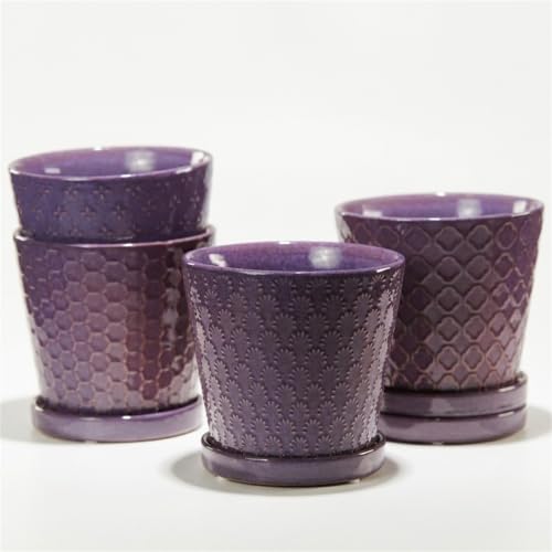 EFISPSS Ceramic Plant Pots, 5 Inch Planters with Drainage Holes and Ceramic Tray, Relief Design Flower Planter, Desktop Office Windowsill Decoration Gift Set of 4 - Purple - color: Purple