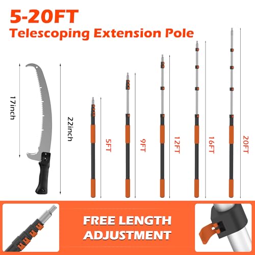 26FT Reach Pole Saws for Tree Trimming, Manual Pole Saw with 5-20FT Telescoping Extension Pole, Pruning Saw with 17" 3X Detachable Saw, Branches Pruner for Garden, Palms & Shrubs Yard Maintenance - size: 5-20FT
