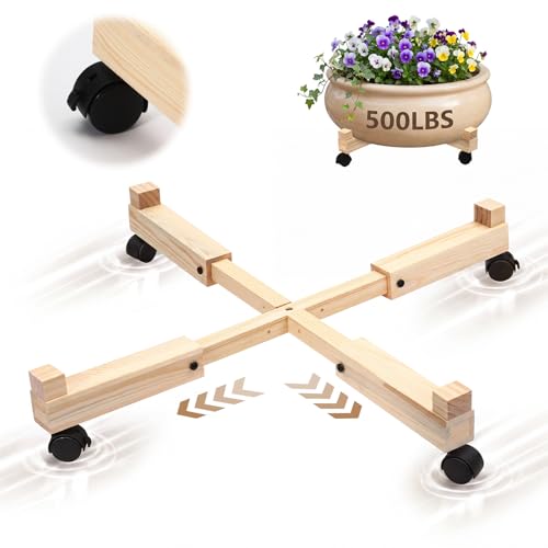 Novabright Adjustable Plant Stand with Wheels 21-30 Inch Heavy Duty Rolling Plant Dolly Wooden Caddy with 4 Lockable Caster Wheels for Outdoor Indoor Large Pots Planter