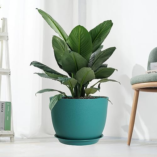 UOUZ 12inch Large Plant Pot, Modern Plastic Planter with High Driange Holes and Saucer for Indoor Outdoor Garden Plants and Flowers, Black with Green Speckles - color: Blue
