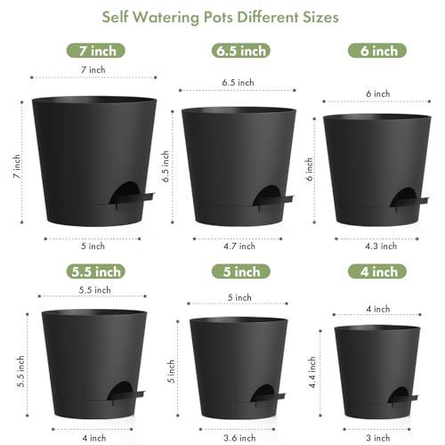 WSMKSZ 7/6.5/6/5.5/5/4 inch Self Watering Pots for Indoor Outdoor Plants, 6 Pack Plastic Flower Planters with Drainage Holes and Removable Saucers, Plant Pots with Wicking Rope, Modern Decor, Black - color: Black, size: 7+6.5+6+5.5+5+4inch 6pcs