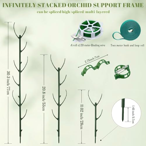 12 Pcs Stackable Plant Support Stakes with 1 Roll 2 M Stickers, 1 Roll 20 Cable Ties, 10 Clips, Stackable Plant Support Stakes for Indoor Outdoor Plants Potted Monstera Climbing Plants