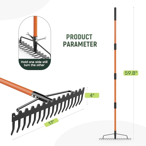 Bow Rake with17-Tine Thicken Carbon Steel Rake Head and 60'' Handle