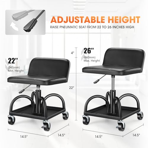 DNA Motoring Rolling Padded Seat Adjustable Height Seat 330lbs Capacity Rolling Mechanic Creeper Stool, W/Tool Storage Drawer & Tray, Black, TOOLS-00600 - style: Square Tray Black