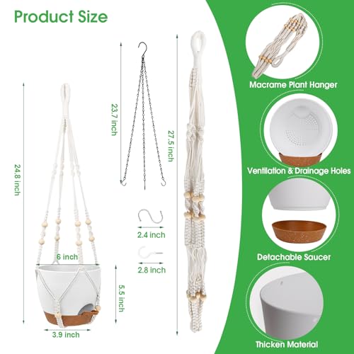 Vanslogreen Hanging Planters for Indoor Outdoor Plants, 2 Pack Self Watering Hanging Pots, Hanging Plant Baskets with Drainage Holes & 2 Types of Plant Hangers (White, 6'') - color: White+black, size: 6''