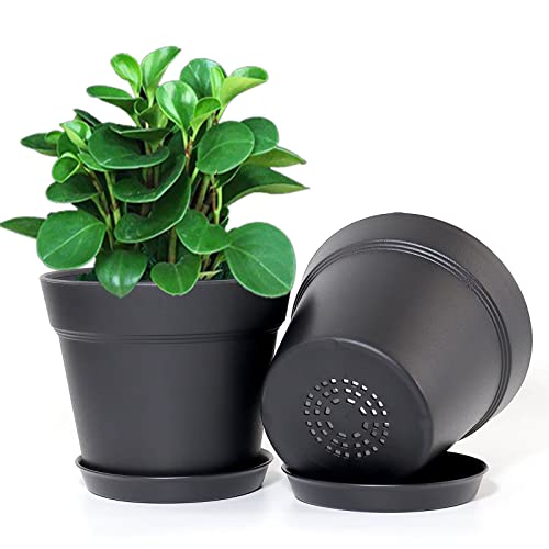 WOUSIWER 16 Pack 6 inch Plastic Planters for Indoor Flower Pots, Heavy Duty and Stylish 6 Inch Plant Pots for Indoor Plants with Drainage Holes and Tray for Plants, Flowers, Black - color: Black