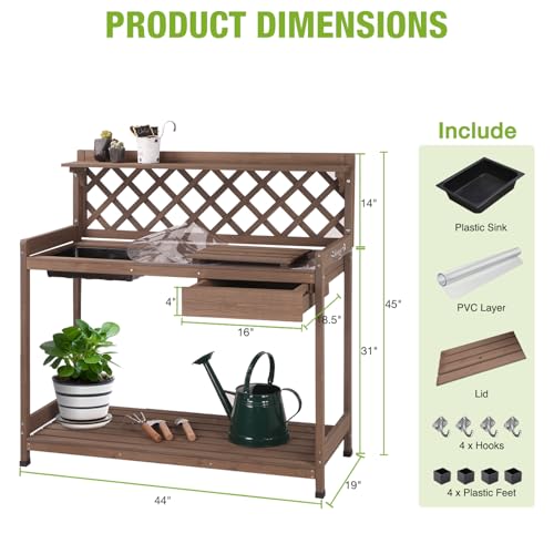 GUTINNEEN Potting Bench Outdoor Gardening Work Bench with Sink & Lid, Wooden Planting Table for Outside with Storage, Drawer, Shelf, Hook